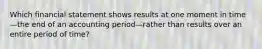 Which financial statement shows results at one moment in time—the end of an accounting period—rather than results over an entire period of time?