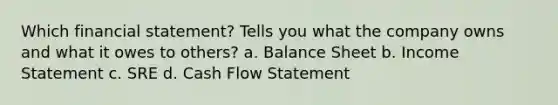 Which financial statement? Tells you what the company owns and what it owes to others? a. Balance Sheet b. Income Statement c. SRE d. Cash Flow Statement