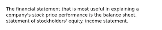 The financial statement that is most useful in explaining a company's stock price performance is the balance sheet. statement of stockholders' equity. income statement.