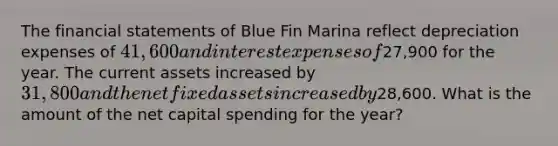 The financial statements of Blue Fin Marina reflect depreciation expenses of 41,600 and interest expenses of27,900 for the year. The current assets increased by 31,800 and the net fixed assets increased by28,600. What is the amount of the net capital spending for the year?