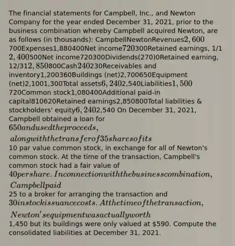 The <a href='https://www.questionai.com/knowledge/kFBJaQCz4b-financial-statements' class='anchor-knowledge'>financial statements</a> for Campbell, Inc., and Newton Company for the year ended December 31, 2021, prior to the business combination whereby Campbell acquired Newton, are as follows (in thousands): CampbellNewtonRevenues2,600700Expenses1,880400Net income720300Retained earnings, 1/12,400500Net income720300Dividends(270)0Retained earning, 12/312,850800Cash240230Receivables and inventory1,200360Buildings (net)2,700650Equipment (net)2,1001,300Total assets6,2402,540Liabilities1,500720Common stock1,080400Additional paid-in capital810620Retained earnings2,850800Total liabilities & stockholders' equity6,2402,540 On December 31, 2021, Campbell obtained a loan for 650 and used the proceeds, along with the transfer of 35 shares of its10 par value common stock, in exchange for all of Newton's common stock. At the time of the transaction, Campbell's common stock had a fair value of 40 per share. In connection with the business combination, Campbell paid25 to a broker for arranging the transaction and 30 in stock issuance costs. At the time of the transaction, Newton's equipment was actually worth1,450 but its buildings were only valued at 590. Compute the consolidated liabilities at December 31, 2021.