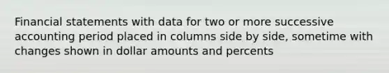 Financial statements with data for two or more successive accounting period placed in columns side by side, sometime with changes shown in dollar amounts and percents