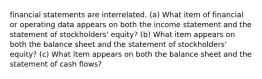 financial statements are interrelated. (a) What item of financial or operating data appears on both the income statement and the statement of stockholders' equity? (b) What item appears on both the balance sheet and the statement of stockholders' equity? (c) What item appears on both the balance sheet and the statement of cash flows?