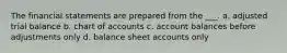 The financial statements are prepared from the ___. a. adjusted trial balance b. chart of accounts c. account balances before adjustments only d. balance sheet accounts only