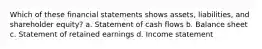 Which of these financial statements shows assets, liabilities, and shareholder equity? a. Statement of cash flows b. Balance sheet c. Statement of retained earnings d. Income statement