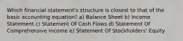 Which financial statement's structure is closest to that of the basic accounting equation? a) Balance Sheet b) Income Statement c) Statement Of Cash Flows d) Statement Of Comprehensive Income e) Statement Of Stockholders' Equity