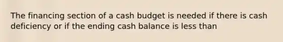 The financing section of a cash budget is needed if there is cash deficiency or if the ending cash balance is less than