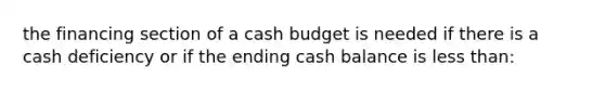 the financing section of a cash budget is needed if there is a cash deficiency or if the ending cash balance is less than: