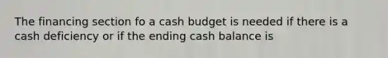 The financing section fo a cash budget is needed if there is a cash deficiency or if the ending cash balance is