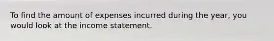 To find the amount of expenses incurred during the year, you would look at the income statement.