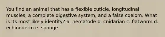 You find an animal that has a flexible cuticle, longitudinal muscles, a complete digestive system, and a false coelom. What is its most likely identity? a. nematode b. cnidarian c. flatworm d. echinoderm e. sponge