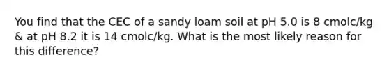 You find that the CEC of a sandy loam soil at pH 5.0 is 8 cmolc/kg & at pH 8.2 it is 14 cmolc/kg. What is the most likely reason for this difference?