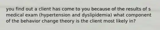 you find out a client has come to you because of the results of s medical exam (hypertension and dyslipidemia) what component of the behavior change theory is the client most likely in?