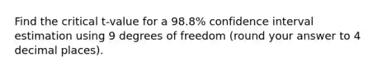 Find the critical t-value for a 98.8% confidence interval estimation using 9 degrees of freedom (round your answer to 4 decimal places).