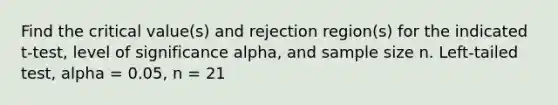 Find the critical​ value(s) and rejection​ region(s) for the indicated​ t-test, level of significance alpha​, and sample size n. Left​-tailed ​test, alpha = 0.05​, n = 21