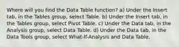 Where will you find the Data Table function? a) Under the Insert tab, in the Tables group, select Table. b) Under the Insert tab, in the Tables group, select Pivot Table. c) Under the Data tab, in the Analysis group, select Data Table. d) Under the Data tab, in the Data Tools group, select What-If-Analysis and Data Table.