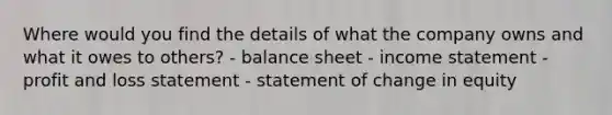 Where would you find the details of what the company owns and what it owes to others? - balance sheet - income statement - profit and loss statement - statement of change in equity