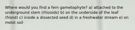 Where would you find a fern gametophyte? a) attached to the underground stem (rhizoids) b) on the underside of the leaf (frond) c) inside a dissected seed d) in a freshwater stream e) on moist soil