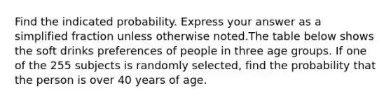 Find the indicated probability. Express your answer as a simplified fraction unless otherwise noted.The table below shows the soft drinks preferences of people in three age groups. If one of the 255 subjects is randomly selected, find the probability that the person is over 40 years of age.