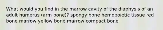 What would you find in the marrow cavity of the diaphysis of an adult humerus (arm bone)? spongy bone hemopoietic tissue red bone marrow yellow bone marrow compact bone