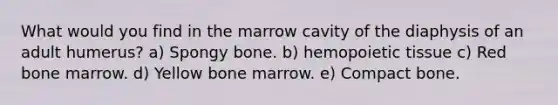 What would you find in the marrow cavity of the diaphysis of an adult humerus? a) Spongy bone. b) hemopoietic tissue c) Red bone marrow. d) Yellow bone marrow. e) Compact bone.