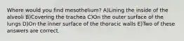 Where would you find mesothelium? A)Lining the inside of the alveoli B)Covering the trachea C)On the outer surface of the lungs D)On the inner surface of the thoracic walls E)Two of these answers are correct.