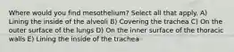 Where would you find mesothelium? Select all that apply. A) Lining the inside of the alveoli B) Covering the trachea C) On the outer surface of the lungs D) On the inner surface of the thoracic walls E) Lining the inside of the trachea