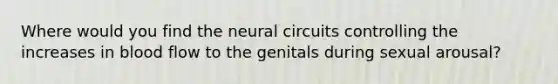 Where would you find the neural circuits controlling the increases in blood flow to the genitals during sexual arousal?