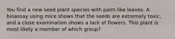 You find a new seed plant species with palm like leaves. A bioassay using mice shows that the seeds are extremely toxic, and a close examination shows a lack of flowers. This plant is most likely a member of which group?