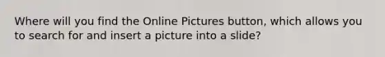 Where will you find the Online Pictures button, which allows you to search for and insert a picture into a slide?