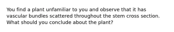 You find a plant unfamiliar to you and observe that it has vascular bundles scattered throughout the stem cross section. What should you conclude about the plant?