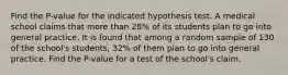 Find the P-value for the indicated hypothesis test. A medical school claims that more than 28% of its students plan to go into general practice. It is found that among a random sample of 130 of the school's students, 32% of them plan to go into general practice. Find the P-value for a test of the school's claim.