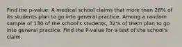 Find the p-value: A medical school claims that more than 28% of its students plan to go into general practice. Among a random sample of 130 of the school's students, 32% of them plan to go into general practice. Find the P-value for a test of the school's claim.