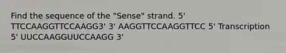 Find the sequence of the "Sense" strand. 5' TTCCAAGGTTCCAAGG3' 3' AAGGTTCCAAGGTTCC 5' Transcription 5' UUCCAAGGUUCCAAGG 3'