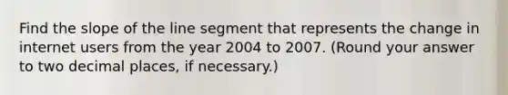 Find the slope of the line segment that represents the change in internet users from the year 2004 to 2007. (Round your answer to two decimal places, if necessary.)