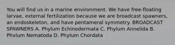 You will find us in a marine environment. We have free-floating larvae, external fertilization because we are broadcast spawners, an endoskeleton, and have pentameral symmetry. BROADCAST SPAWNERS A. Phylum Echinodermata C. Phylum Annelida B. Phvlum Nematoda D. Phylum Chordata