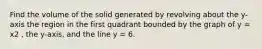 Find the volume of the solid generated by revolving about the y-axis the region in the first quadrant bounded by the graph of y = x2 , the y-axis, and the line y = 6.