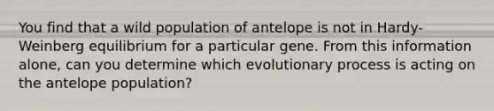 You find that a wild population of antelope is not in Hardy-Weinberg equilibrium for a particular gene. From this information alone, can you determine which evolutionary process is acting on the antelope population?