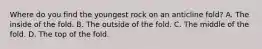 Where do you find the youngest rock on an anticline fold? A. The inside of the fold. B. The outside of the fold. C. The middle of the fold. D. The top of the fold.