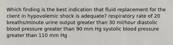 Which finding is the best indication that fluid replacement for the client in hypovolemic shock is adequate? respiratory rate of 20 breaths/minute urine output greater than 30 ml/hour diastolic blood pressure greater than 90 mm Hg systolic blood pressure greater than 110 mm Hg