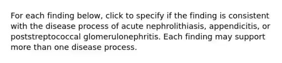 For each finding below, click to specify if the finding is consistent with the disease process of acute nephrolithiasis, appendicitis, or poststreptococcal glomerulonephritis. Each finding may support more than one disease process.