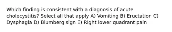 Which finding is consistent with a diagnosis of acute cholecystitis? Select all that apply A) Vomiting B) Eructation C) Dysphagia D) Blumberg sign E) Right lower quadrant pain