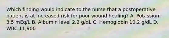 Which finding would indicate to the nurse that a postoperative patient is at increased risk for poor wound healing? A. Potassium 3.5 mEq/L B. Albumin level 2.2 g/dL C. Hemoglobin 10.2 g/dL D. WBC 11,900