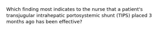 Which finding most indicates to the nurse that a patient's transjugular intrahepatic portosystemic shunt (TIPS) placed 3 months ago has been effective?