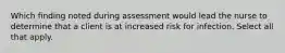 Which finding noted during assessment would lead the nurse to determine that a client is at increased risk for infection. Select all that apply.