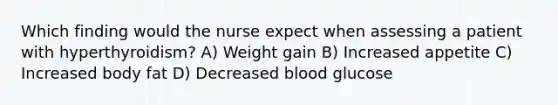 Which finding would the nurse expect when assessing a patient with hyperthyroidism? A) Weight gain B) Increased appetite C) Increased body fat D) Decreased blood glucose