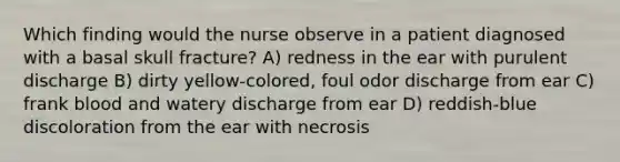 Which finding would the nurse observe in a patient diagnosed with a basal skull fracture? A) redness in the ear with purulent discharge B) dirty yellow-colored, foul odor discharge from ear C) frank blood and watery discharge from ear D) reddish-blue discoloration from the ear with necrosis