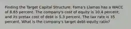 Finding the Target Capital Structure: Fama's Llamas has a WACC of 8.65 percent. The company's cost of equity is 10.4 percent, and its pretax cost of debt is 5.3 percent. The tax rate is 35 percent. What is the company's target debt-equity ratio?