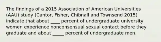 The findings of a 2015 Association of American Universities (AAU) study (Cantor, Fisher, Chibnall and Townsend 2015) indicate that about ____ percent of undergraduate university women experience nonconsensual sexual contact before they graduate and about _____ percent of undergraduate men.