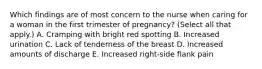 Which findings are of most concern to the nurse when caring for a woman in the first trimester of pregnancy? (Select all that apply.) A. Cramping with bright red spotting B. Increased urination C. Lack of tenderness of the breast D. Increased amounts of discharge E. Increased right-side flank pain